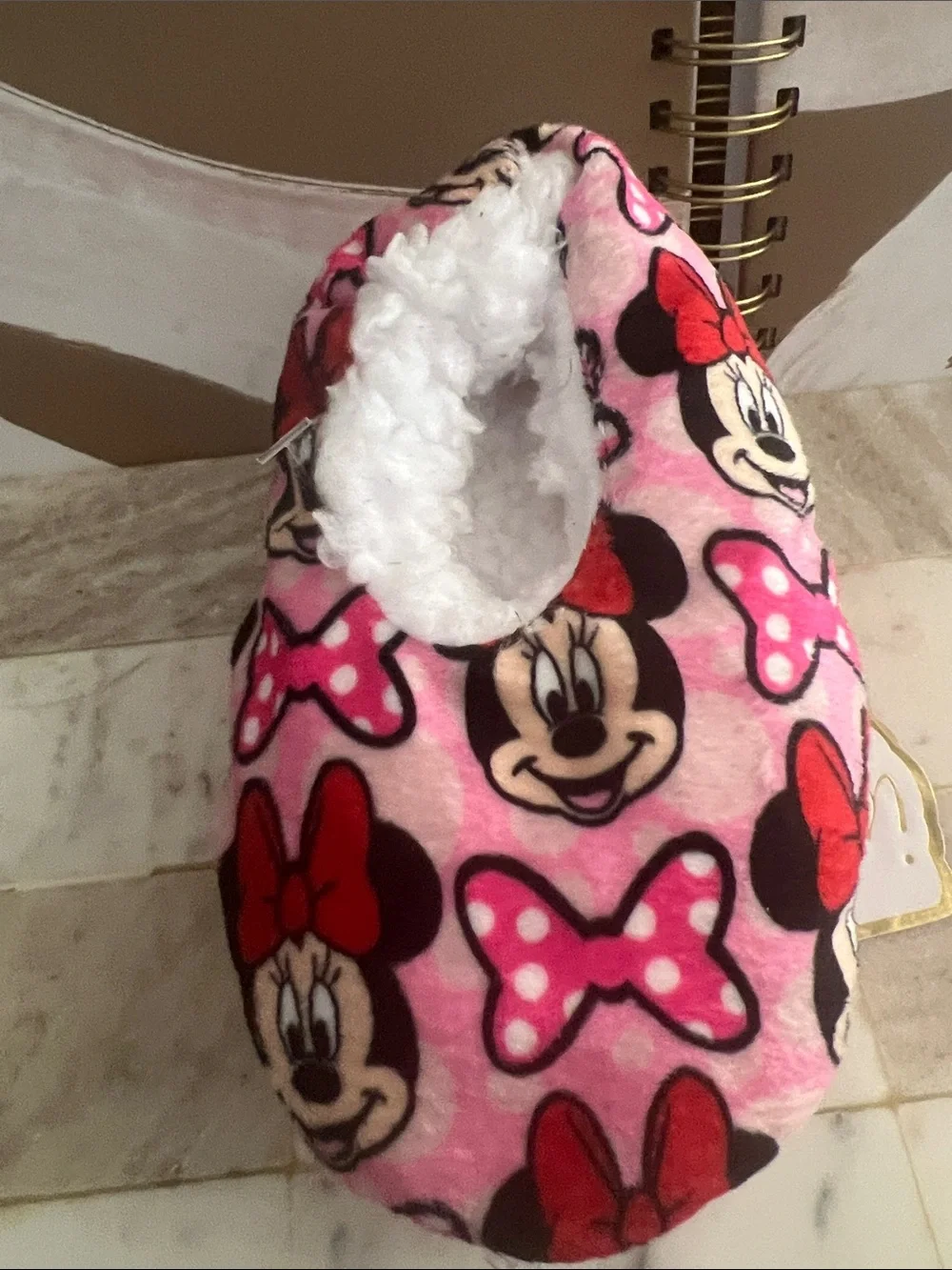 Disney Pink Minnie Mouse Plush Indoor Slippers with Red Accents